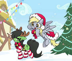 Size: 948x816 | Tagged: safe, artist:muffinz, derpy hooves, oc, oc:anon, oc:filly anon, earth pony, pegasus, pony, g4, antlers, bells, christmas, clothes, commission, female, filly, hat, hearth's warming eve, holiday, house, mare, santa hat, snow, socks, striped socks, tree