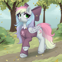 Size: 3000x3000 | Tagged: safe, artist:nika-rain, oc, oc only, oc:blazey sketch, pegasus, pony, autumn, bow, clothes, cute, eyebrows, eyebrows visible through hair, female, forest, green eyes, grey fur, hair bow, high res, looking at you, mare, multicolored hair, pegasus oc, raised hoof, shirt, simple background, sketch, smiling, solo, stroll, sweater, walking