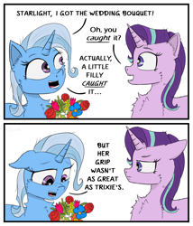 Size: 2000x2337 | Tagged: safe, artist:chopsticks, starlight glimmer, trixie, pony, unicorn, g4, 2 panel comic, avenue q, bouquet, cheek fluff, chest fluff, comic, dialogue, duo, duo female, ear fluff, female, floppy ears, flower, high res, ponified, starlight glimmer is not amused, text, unamused