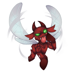 Size: 2000x2000 | Tagged: safe, artist:dimleyd, changeling, original species, flying, high res, horn, multiple horns, rageling, red changeling, simple background, solo, spread wings, taunting, tongue out, transparent background, wings