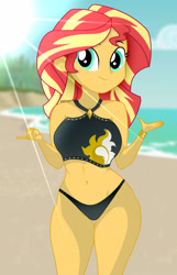 Size: 1800x2787 | Tagged: safe, artist:blitzarroli, sunset shimmer, human, equestria girls, g4, beach, belly button, bikini, bikini top, black bikini, black swimsuit, breasts, busty sunset shimmer, clothes, female, looking at you, outdoors, palm tree, smiling, smiling at you, stupid sexy sunset shimmer, swimsuit, tree