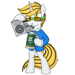 Size: 3000x3000 | Tagged: safe, artist:superderpybot, oc, oc only, oc:srok, classical unicorn, pony, unicorn, alcohol, beer, beer mug, bipedal, boombox, clothes, cloven hooves, glasses, high res, horn, jacket, leonine tail, male, male oc, simple background, smiling, solo, stallion, standing, standing up, transparent background, unicorn oc, unshorn fetlocks