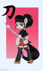Size: 1352x2240 | Tagged: safe, artist:vinilyart, octavia melody, earth pony, pony, semi-anthro, g4, arm hooves, bipedal, clothes, cute, high heels, hoof hold, index get, katana, lidded eyes, looking at you, looking back, looking back at you, passepartout, shoes, skirt, smiling, socks, solo, stockings, sword, tavibetes, thigh highs, weapon, x00000 milestone