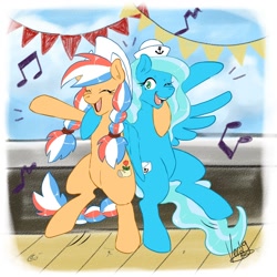Size: 1200x1200 | Tagged: safe, artist:genolover, oc, oc only, oc:ember (hwcon), oc:sea sailor, earth pony, pegasus, pony, hearth's warming con, bipedal, duo, earth pony oc, female, mascot, music notes, pegasus oc