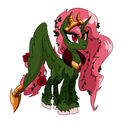 Size: 1600x1600 | Tagged: safe, artist:yamston, oc, oc only, oc:helianthus, alicorn, pony, fanfic:living the dream, 2023, alicorn oc, crown, fanfic art, female, flower, flower in hair, freckles, green coat, horn, jewelry, magical lesbian spawn, mare, offspring, parent:oc:vinetion, parent:princess celestia, parents:canon x oc, partially open wings, pink mane, red eyes, regalia, rose, simple background, slit pupils, solo, transparent background, vine, wings