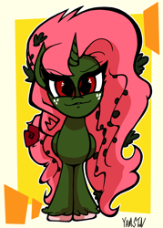 Size: 1146x1600 | Tagged: safe, artist:yamston, oc, oc only, oc:helianthus, alicorn, pony, fanfic:living the dream, 2023, alicorn oc, fanfic art, female, flower, flower in hair, freckles, green coat, horn, looking at you, magical lesbian spawn, mare, offspring, parent:oc:vinetion, parent:princess celestia, parents:canon x oc, pink nipples, red eyes, rose, signature, slit pupils, solo, vine, wings