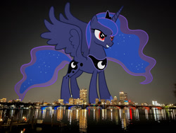 Size: 1600x1200 | Tagged: safe, artist:90sigma, edit, editor:jaredking779, princess luna, alicorn, pony, g4, attack on pony, boston, crown, ethereal mane, female, giant pony, giantess, grin, highrise ponies, irl, jewelry, macro, mare, massachusetts, peytral, photo, ponies in real life, red eyes, regalia, smiling, solo, spread wings, story included, wings