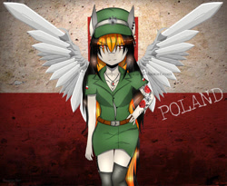 Size: 750x615 | Tagged: safe, artist:cannoncar, oc, oc only, oc:cannon car, pegasus, anthro, breasts, cleavage, clothes, ear piercing, female, flag, military uniform, piercing, poland, polish flag, skirt, solo, uniform, wings