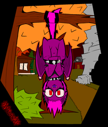 Size: 2520x2954 | Tagged: safe, artist:xxv4mp_g4z3rxx, oc, oc only, oc:violet valium, bat pony, pony, alternate versions at source, bags under eyes, bat pony oc, belly button, bush, butt, cabin, cave, choker, clothes, eyeliner, fangs, featureless crotch, hanging, hanging upside down, high res, hoodie, hospital band, house, looking at you, makeup, open mouth, partially open wings, path, plot, red eyes, rock, scar, signature, smiling, smiling at you, solo, spiked choker, spiked wristband, tail, tree, two toned mane, two toned tail, upside down, window, wings, wristband
