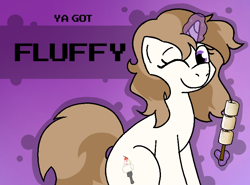 Size: 800x592 | Tagged: safe, alternate version, artist:soupafterdark, oc, oc only, oc:fluffymarsh, pony, unicorn, banned from equestria daily, brown mane, brown tail, commissioner:dhs, female, food, glowing, gradient background, happy, horn, looking at you, magic, magic aura, mare, marshmallow, one eye closed, purple eyes, silly, silly pony, sitting, solo, stick, tail, telekinesis, unicorn oc, wink, winking at you, ya got