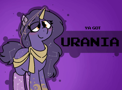 Size: 800x592 | Tagged: safe, artist:soupafterdark, oc, oc only, oc:urania, pony, unicorn, banned from equestria daily, clothes, commissioner:dhs, constellation pony, gradient background, horn, horn jewelry, jewelry, long mane, mane, purple background, short tail, smiling, solo, tail, ya got