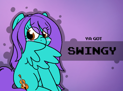 Size: 800x592 | Tagged: safe, artist:soupafterdark, oc, oc only, oc:swing time, pegasus, pony, banned from equestria daily, blushing, commissioner:dhs, covering face, gradient background, pegasus oc, purple background, purple mane, shy, sitting, solo, variant, ya got