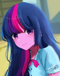 Size: 966x1229 | Tagged: safe, artist:petaltwinkle, twilight sparkle, human, equestria girls, g4, blushing, bust, cute, female, lightly watermarked, looking at you, petaltwinkle is trying to murder us, signature, smiling, smiling at you, solo, twiabetes, watermark