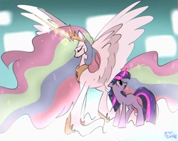 Size: 1024x810 | Tagged: safe, artist:petaltwinkle, princess celestia, twilight sparkle, alicorn, pony, unicorn, g4, magical mystery cure, ascension realm, celestia's ballad, duo, ethereal mane, ethereal tail, eyes closed, female, floppy ears, glowing, glowing horn, height difference, hoof fluff, horn, large wings, long feather, long horn, long mane, long tail, mare, open mouth, open smile, princess celestia's special princess making dimension, scene interpretation, smiling, spread wings, tail, tall, unicorn twilight, wings