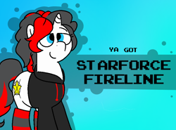 Size: 800x592 | Tagged: safe, artist:soupafterdark, oc, oc only, oc:starforce fireline, pony, unicorn, banned from equestria daily, blue background, clothes, commissioner:dhs, gradient background, hoodie, horn, solo, standing, stockings, thigh highs, two toned mane, unicorn oc, white coat, ya got