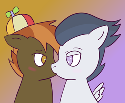 Size: 910x755 | Tagged: safe, artist:wanda, button mash, rumble, earth pony, pegasus, pony, g4, colt, colt on colt, duo, foal, foalcon, gay, gay kiss, gradient background, kissing, looking at each other, looking at someone, male, pony on pony action, ship:rumblemash, shipping