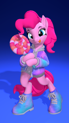Size: 2160x3840 | Tagged: safe, artist:owlpirate, pinkie pie, earth pony, semi-anthro, g4, 3d, 4k, arm hooves, candy, clothes, female, food, gradient background, high res, hoof hold, jacket, licking, licking lips, lollipop, looking at you, mare, shoes, smiling, smiling at you, sneakers, solo, source filmmaker, tongue out