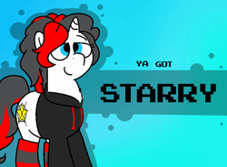 Size: 800x592 | Tagged: safe, artist:soupafterdark, oc, oc only, oc:starforce fireline, pony, unicorn, banned from equestria daily, blue background, clothes, commissioner:dhs, female, gradient background, hoodie, horn, mare, pony oc, socks, solo, standing, stockings, thigh highs, two toned mane, unicorn oc, white coat, ya got