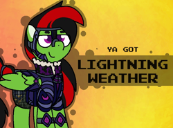 Size: 800x592 | Tagged: safe, artist:soupafterdark, oc, oc only, oc:lightning weather, pegasus, pony, banned from equestria daily, armor, clothes, commissioner:dhs, gradient background, green coat, male, purple eyes, solo, stallion, two toned mane, ya got, yellow background