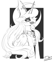 Size: 3031x3653 | Tagged: safe, artist:thelunarmoon, princess luna, alicorn, pony, g4, black and white, clothes, costume, cross, female, ghost (band), grayscale, hat, high res, inverted cross, jacket, mare, monochrome, passepartout, simple background, white background