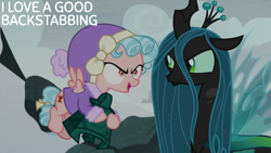 Size: 2000x1125 | Tagged: safe, edit, edited screencap, editor:quoterific, screencap, cozy glow, queen chrysalis, changeling, changeling queen, pegasus, pony, frenemies (episode), g4, bell, grogar's bell, looking at each other, looking at someone