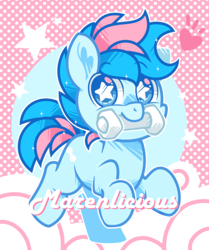 Size: 746x894 | Tagged: safe, artist:yokokinawa, oc, oc:blue chewings, earth pony, pony, abstract background, chew toy, chibi, mouth hold, starry eyes, tail, two toned mane, two toned tail, white pupils, wingding eyes