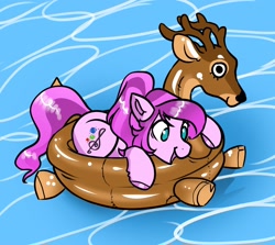 Size: 2048x1827 | Tagged: safe, artist:opalacorn, oc, oc only, oc:violet ray, deer, earth pony, pony, antlers, hoof polish, inflatable, inflatable deer, open mouth, pool toy, solo, swimming pool, water