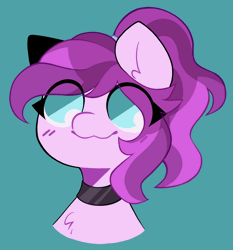 Size: 2182x2343 | Tagged: safe, artist:sunny synopsis, oc, oc only, oc:violet ray, earth pony, pony, animated, blinking, bust, choker, colored, cute, earth pony oc, eye clipping through hair, flat colors, gif, high res, mane, ponytail, simple background, smiling, solo