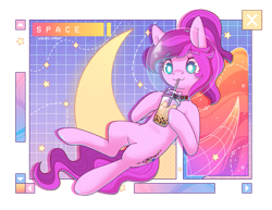Size: 1017x786 | Tagged: safe, artist:wavecipher, oc, oc only, oc:violet ray, earth pony, pony, belly, bubble tea, cloud, crescent moon, drink, drinking, earth pony oc, floating, moon, ponytail, solo, space, space helmet, stars, text, wireframe