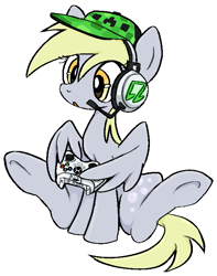 Size: 581x738 | Tagged: safe, artist:muffinz, derpy hooves, pegasus, pony, g4, hat, headphones, minecraft, pixel-crisp art, simple background, solo, white background, wing hands, wing hold, wings, xbox