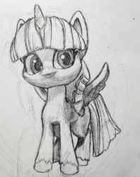 Size: 800x1008 | Tagged: safe, artist:jack107401, twilight sparkle, alicorn, pony, g4, doll, looking at you, monochrome, pencil drawing, simple background, solo, toy, traditional art, twilight sparkle (alicorn), white background