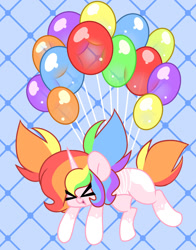Size: 1280x1632 | Tagged: safe, artist:ladylullabystar, oc, oc only, oc:lady lullaby star, pony, unicorn, ><, balloon, blue background, coat markings, eyes closed, female, floating, mare, multicolored hair, patterned background, pigtails, ponysona, rainbow hair, simple background, socks (coat markings), solo, xd