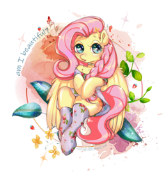 Size: 736x775 | Tagged: safe, artist:mdwines, fluttershy, pegasus, pony, semi-anthro, g4, adorasexy, arm hooves, braid, choker, clothes, cute, dress, flower, flower in hair, food, looking at you, outfit, pegasus wings, sexy, shyabetes, sitting, solo, stockings, strawberry, stupid sexy fluttershy, text, thigh highs, wings