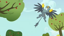 Size: 1280x720 | Tagged: safe, screencap, gabby, griffon, g4, the fault in our cutie marks, apple, apple tree, excited, eyes closed, featureless crotch, female, flying, open mouth, showing off, sky, solo, spread legs, spreading, tail, tree, wings