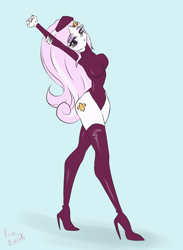 Size: 2200x3000 | Tagged: safe, artist:reine morte shi, fleur-de-lis, human, g4, bedroom eyes, boots, breasts, busty fleur-de-lis, clothes, cutie mark on human, female, high heel boots, high heels, high res, humanized, leotard, looking at you, miss fleur is trying to seduce us, shoes, simple background, socks, solo, standing, stretching, stupid sexy fleur-de-lis, thigh highs