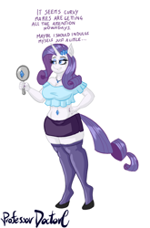 Size: 450x681 | Tagged: safe, artist:professordoctorc, part of a set, rarity, unicorn, anthro, unguligrade anthro, g4, belly button, belly piercing, breasts, cleavage, clothes, jewelry, makeup, midriff, mirror, necklace, part of a series, piercing, shirt, simple background, skirt, standing, stockings, thigh highs, weight gain