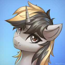 Size: 2000x2000 | Tagged: safe, artist:adagiostring, oc, oc only, oc:bluest glow, pony, unicorn, abstract background, bust, cute, female, fur, gradient background, gray eyes, headshot commission, high res, looking at you, portrait, solo