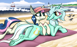 Size: 3573x2205 | Tagged: safe, alternate version, artist:fenixdust, derpibooru exclusive, bon bon, lyra heartstrings, sweetie drops, bird, earth pony, pony, unicorn, art pack:beach day, g4, beach, blushing, boat, butt, concave belly, dock, duo, duo female, female, frog (hoof), hat, high res, hips, hoofbutt, hooves, horn, lesbian, lighthouse, looking back, lying down, mane, mare, ocean, plot, prone, ship, ship:lyrabon, shipping, slender, smiling, tail, thin, underhoof, water