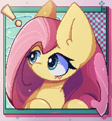Size: 2300x2500 | Tagged: safe, artist:miryelis, fluttershy, pegasus, pony, g4, big ears, big eyes, blushing, cute, exclamation point, high res, long hair, pixel art, shyabetes, signature, solo, sparkles, window