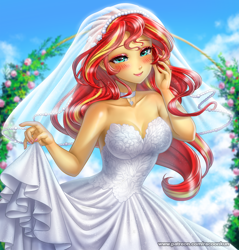 Size: 1200x1253 | Tagged: safe, artist:racoonsan, color edit, edit, editor:drakeyc, sunset shimmer, human, equestria girls, g4, bare shoulders, beautiful, blushing, breasts, bride, choker, cleavage, clothes, cloud, colored, crying, cute, day, dress, eyelashes, eyeshadow, female, flower, leaves, light skin, long hair, looking at you, looking forward, makeup, marriage, multicolored hair, outdoors, patreon, red hair, rose, shimmerbetes, skin color edit, sky, sleeveless, smiling, solo, standing, strapless, tears of joy, teary eyes, website, wedding, wedding dress, wedding veil, yellow hair