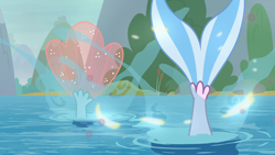 Size: 1920x1080 | Tagged: safe, screencap, ocellus, silverstream, seapony (g4), g4, non-compete clause, disguise, disguised changeling, diving, female, magic, seaponified, seapony ocellus, seapony silverstream, species swap, tail, transformation, water