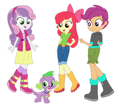 Size: 4593x4000 | Tagged: safe, artist:gmaplay, apple bloom, scootaloo, spike, spike the regular dog, sweetie belle, dog, human, equestria girls, g4, adorabloom, ass, butt, cute, cutealoo, cutie mark crusaders, cutie mark cuties, diasweetes, rear view, scootabutt, simple background, spike the dog, transparent background