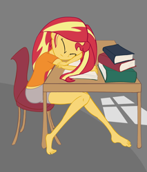 Size: 1236x1449 | Tagged: safe, artist:calmbreezes, sunset shimmer, human, equestria girls, g4, barefoot, book, feet, sleeping, solo, table