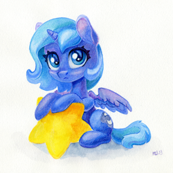 Size: 1200x1200 | Tagged: safe, artist:maytee, princess luna, alicorn, pony, g4, colored pencil drawing, female, filly, foal, frown, solo, stars, traditional art, woona, younger