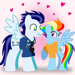 Size: 1400x1400 | Tagged: safe, artist:mlplary6, rainbow dash, soarin', pegasus, pony, g4, the last problem, blushing, bomber jacket, clothes, duo, female, heart, husband and wife, jacket, looking at each other, looking at someone, love, male, mare, older, older rainbow dash, older soarin', older soarindash, ship:soarindash, shipping, smiling, smiling at each other, stallion, straight