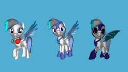 Size: 1920x1080 | Tagged: safe, artist:snowy starshine, oc, oc only, oc:fallen snowstar, oc:snowy starfall, oc:snowy starshine, bat pony, pegasus, pony, 3d, armor, bat eyes, bat wings, blue background, headphones, jewelry, necklace, simple background, wings