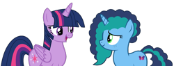 Size: 1785x675 | Tagged: safe, artist:n0va-bases, artist:twilyisbestpone, misty brightdawn, twilight sparkle, alicorn, pony, unicorn, g4, g5, base used, duo, duo female, eye contact, female, g5 to g4, generation leap, looking at each other, looking at someone, mare, simple background, smiling, tail, transparent background, twilight sparkle (alicorn), two toned mane, two toned tail