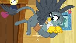 Size: 1280x720 | Tagged: safe, screencap, gabby, griffon, g4, the fault in our cutie marks, ass up, blank flank, butt, clubhouse, crusaders clubhouse, excited, eyes on the prize, featureless crotch, flying, gabbooty, looking at butt, narcissism, paws, plot, tail, wide eyes, wings