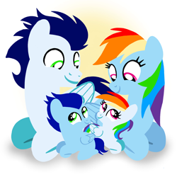 Size: 1400x1400 | Tagged: safe, artist:mlplary6, rainbow dash, soarin', oc, oc:blue skies, oc:speedy dash, pegasus, pony, g4, colt, daddy soarin', family, female, filly, foal, husband and wife, looking at each other, looking at someone, lying down, male, mare, momma dash, offspring, parent:rainbow dash, parent:soarin', parents:soarindash, ship:soarindash, shipping, siblings, smiling, smiling at each other, stallion, straight, twins