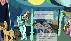 Size: 958x552 | Tagged: safe, artist:lupisvulpes, caramel, lyra heartstrings, meadow flower, roma, oc, oc:monochromatic heart, alicorn, pony, g4, dialogue, horn, nervous, outdoors, smiling, talking, text, wings